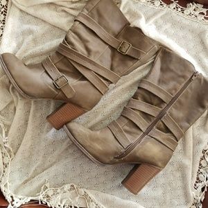 LC - Taupe Strappy Buckle Boots, Size 8.5